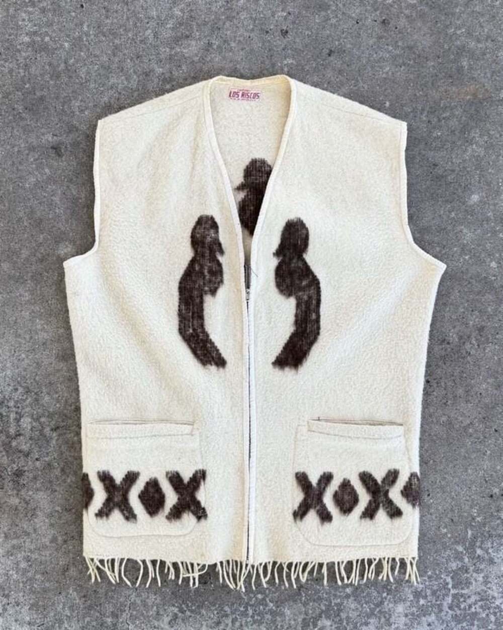 Vintage Southwest Los Riscos Wool Zip-Up Vest with Fringe and Geometric Pattern